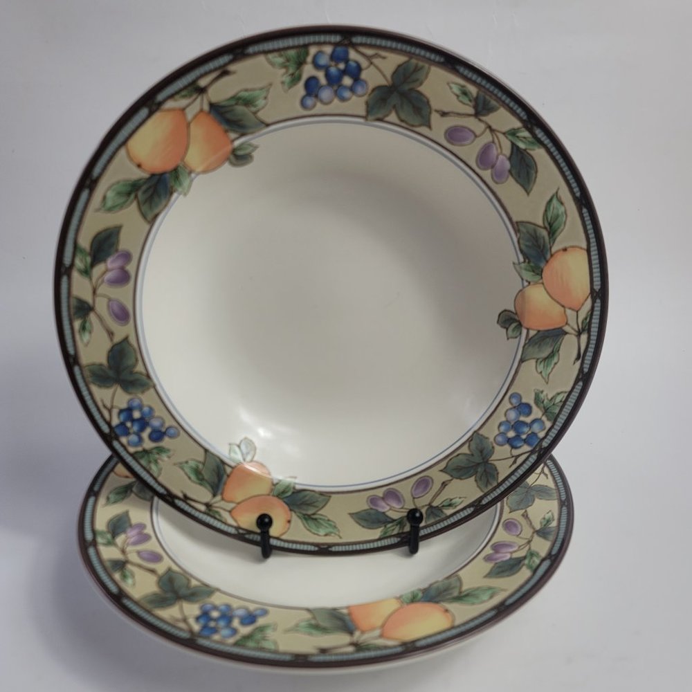 TWO Mikasa Intaglio Garden Harvest Rim Soup Bowls Fruit and Leaves on Rim